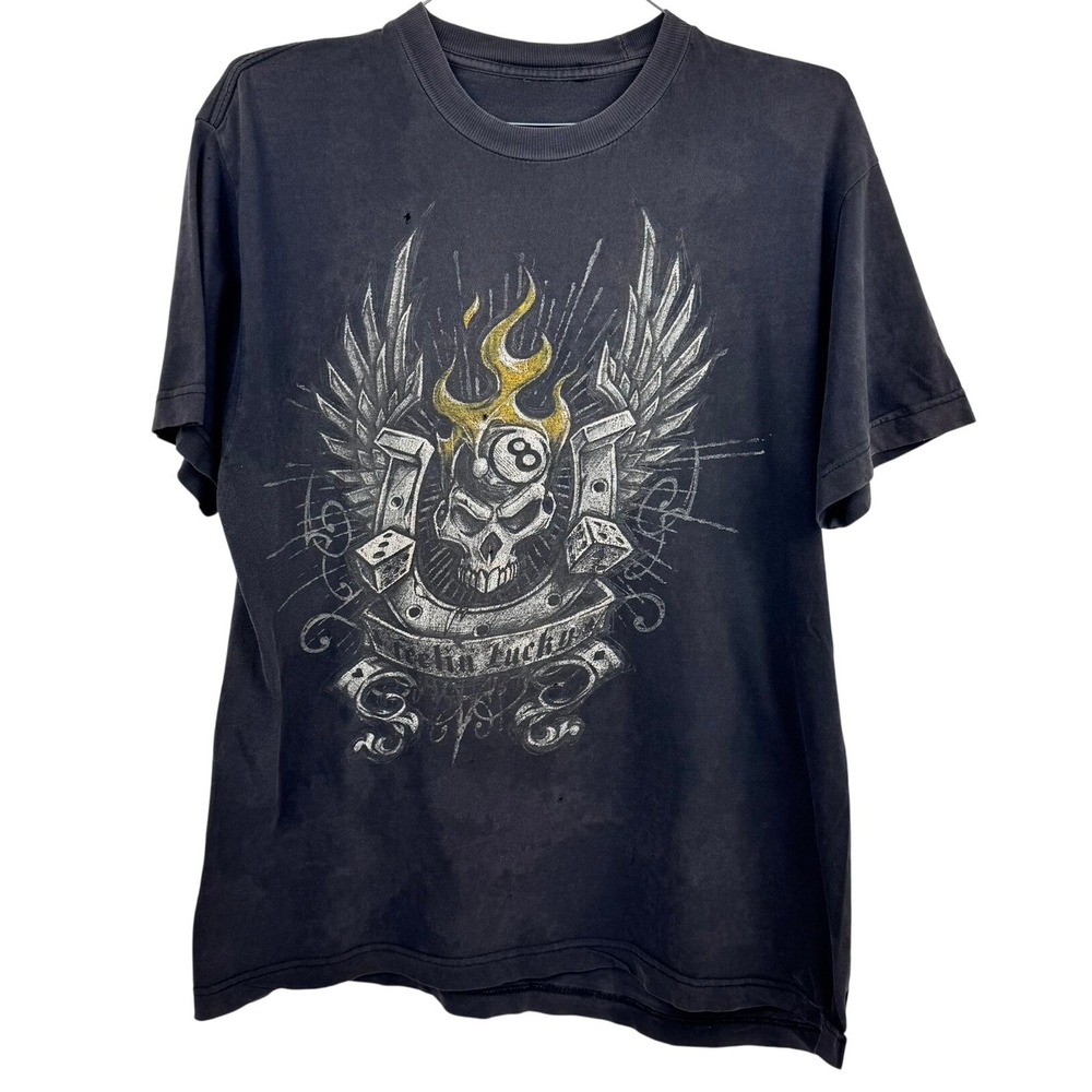 VTG Skull Feeling Lucky T-Shirt Sz L Gradient Sun Fade Distressed Biker Grunge